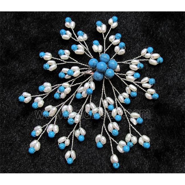 handmade brooch with freshwater pearl, turquoise beads