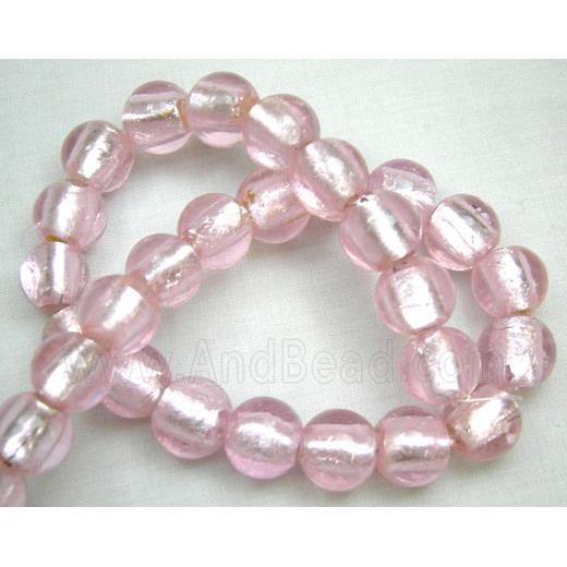 Silver Foil Glass Beads, Round, Pink