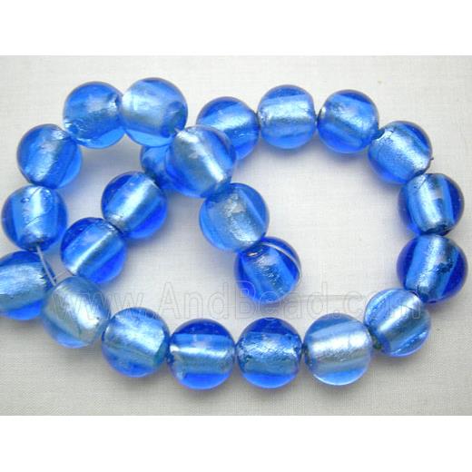 Lampwork Glass Beads with silver foil, round, blue
