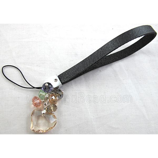 mobile phone strap, String hanger (PU) leather, Heart Crystal Pendant