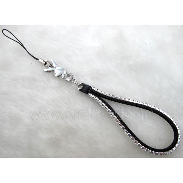 Mobile phone rope, String hanger, suede with 1 row rhinestone, mix