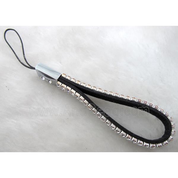 Mobile phone rope, String hanger, suede with 2 row rhinestone, mix