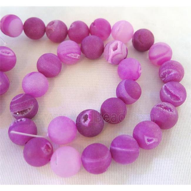 Frosted Agate Druzy Bead, round, hotpink