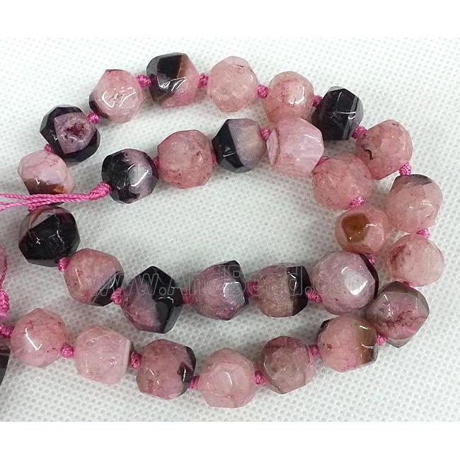 Agate stone bead, faceted round, black and pink
