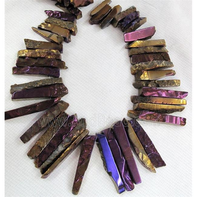 rock agate stone beads, stick, purple electroplated