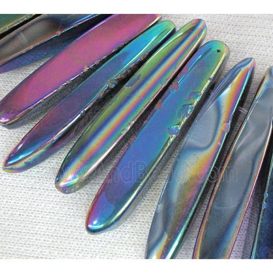 rock agate stone beads, polished, stick, rainbow electroplated