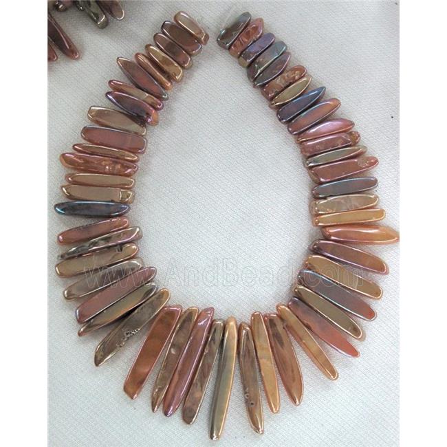 rock agate stone beads, polished, stick, pink electroplated
