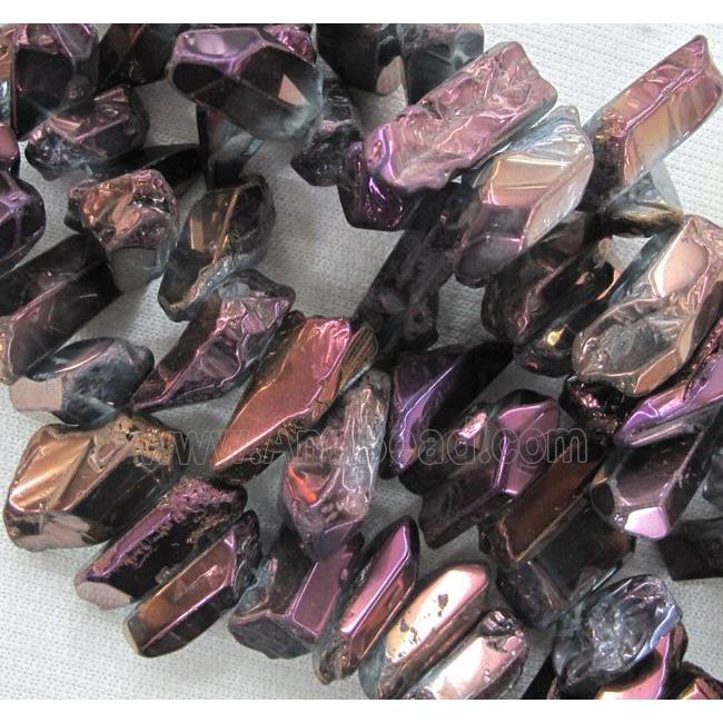 clear quartz stone bead, stick, freeform, purple electroplated