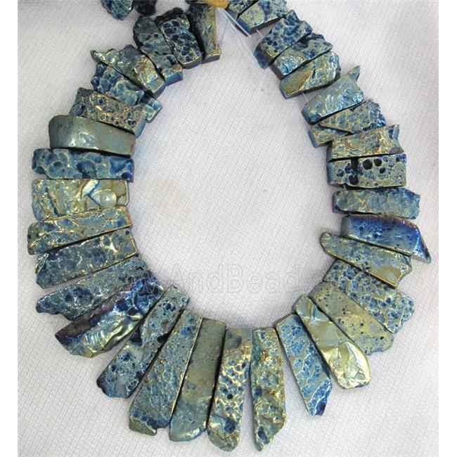 Rock Agate stone bead, stick, blue electroplated