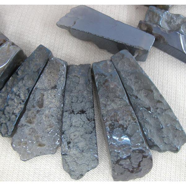 Rock Agate stone bead, freeform stick, night-blue electroplated