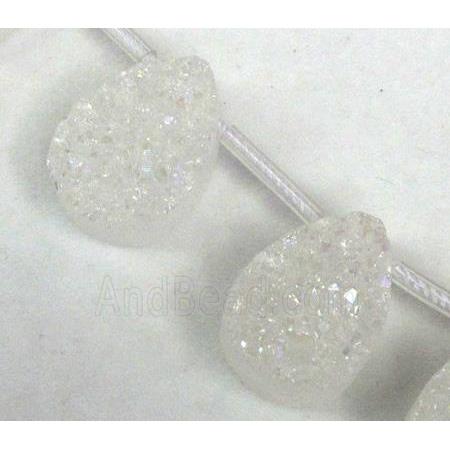 Agate Druzy beads, teardrop, white AB-Color electroplated