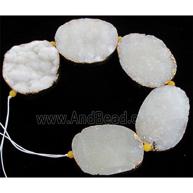 white druzy quartz beads, gold plated