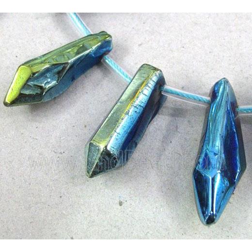 clear quartz stick bead, green electroplated