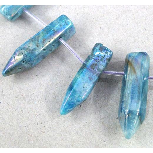 clear quartz stick bead, aqua electroplated