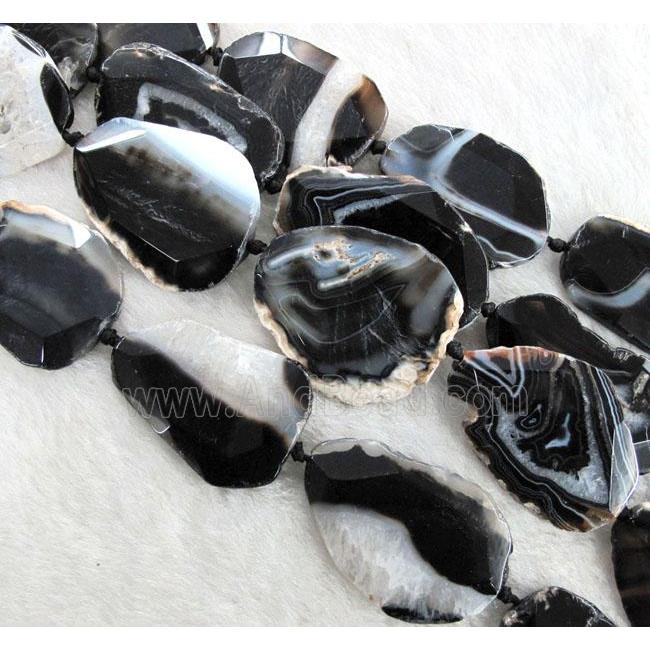 black agate beads, faceted slab, freeform