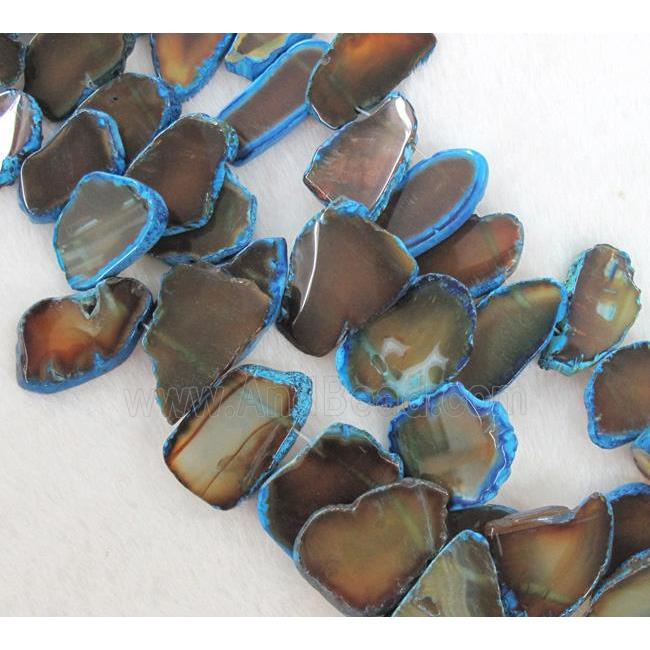 agate beads, freeform slice, coffee and blue