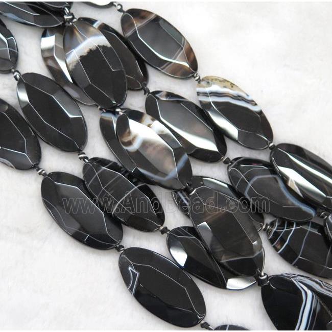 black agate beads, faceted oval