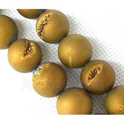 matte druzy Agate beads, round, gold electroplated