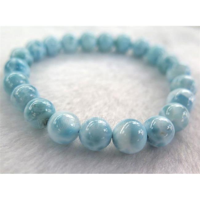 natural Larimar bracelet, round, blue, stretchy, grade-AAAAA