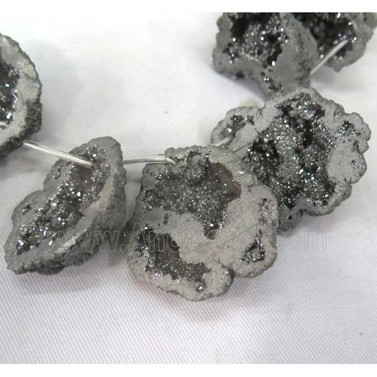 Druzy Agate bead, freeform, silver electroplated