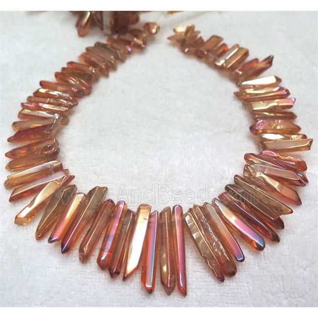 polished clear quartz stick beads, red electroplated