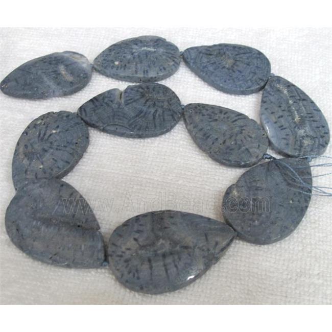 blue Coral Fossil Beads, chrysanthemum, flat teardrop
