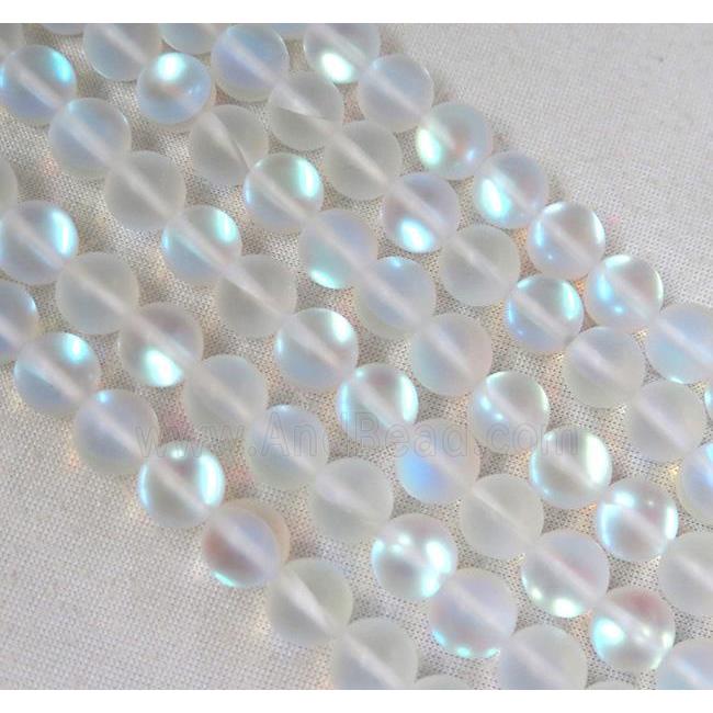 round synthetic white Mystic Aura Quartz Crystal Beads, glowing, matte