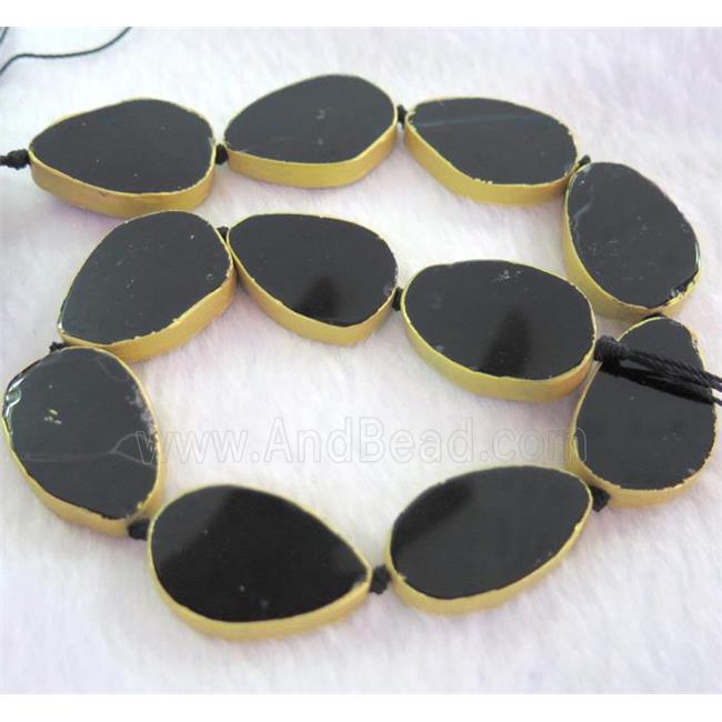 black agate bead, teardrop, gold plated
