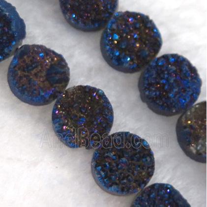 druzy quartz bead, flat round, blue electroplated
