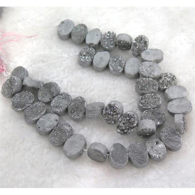 druzy quartz bead, oval, silver electroplated