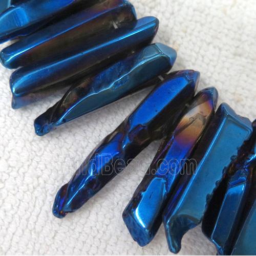 Clear Quartz stick bead for necklace, blue electroplated, polished