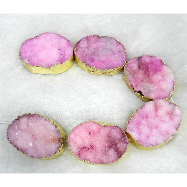 pink Druzy Quartz Beads, oval, gold plated