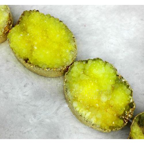 yellow druzy quartz bead, oval, gold plated