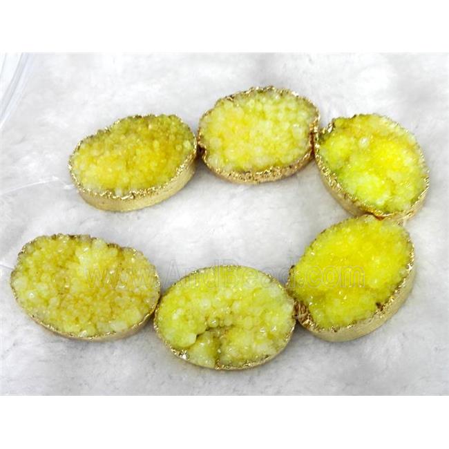 yellow druzy quartz bead, oval, gold plated