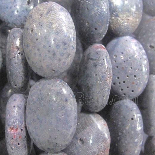 blue coral fossil stone bead, flat-oval