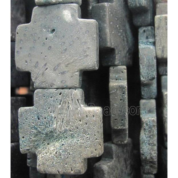 blue coral fossil stone bead, cross