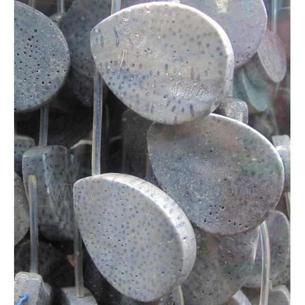 blue coral fossil stone bead, flat teardrop