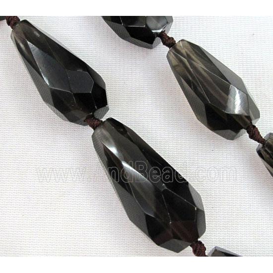 smoky quartz bead, dark-grey, faceted teardrop