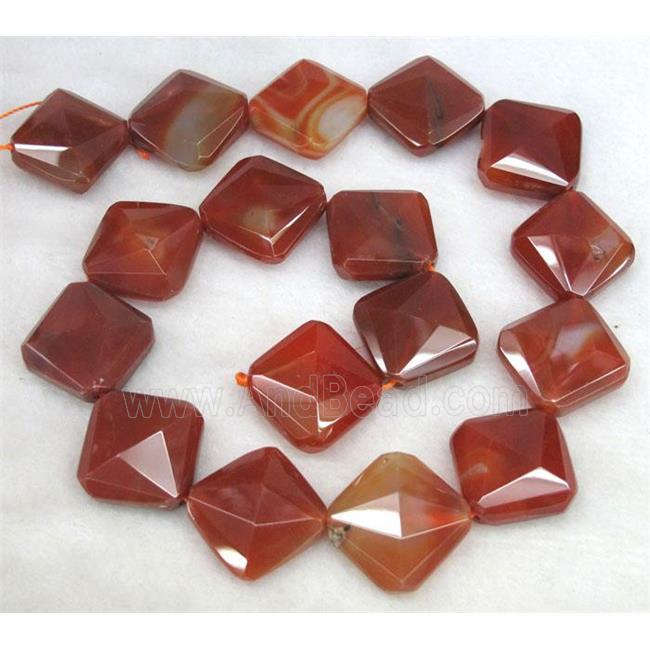 red carnelian agate stone bead, faceted corner-drilled square