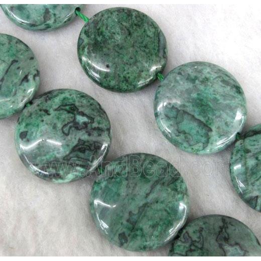 picture jasper bead, green, flat round