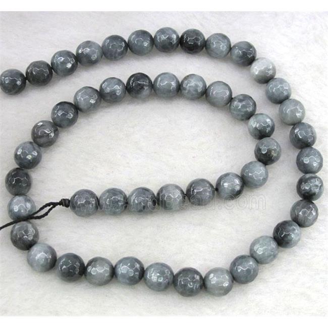 natural hawk Eye beads, faceted round, silver-grey