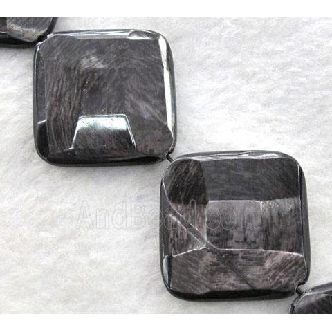 hypersthene bead, faceted square, corner-drilled