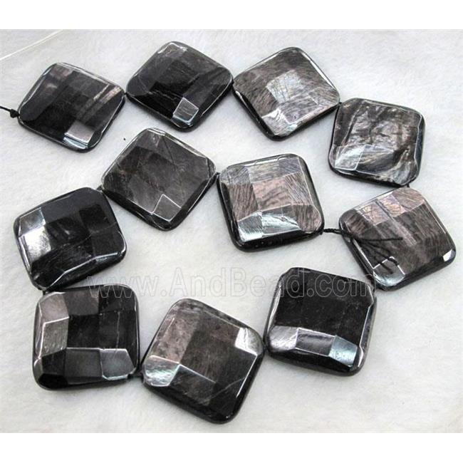 hypersthene bead, faceted square, corner-drilled