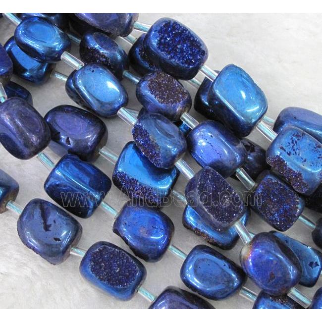 druzy quartz beads, freeform, blue electroplated