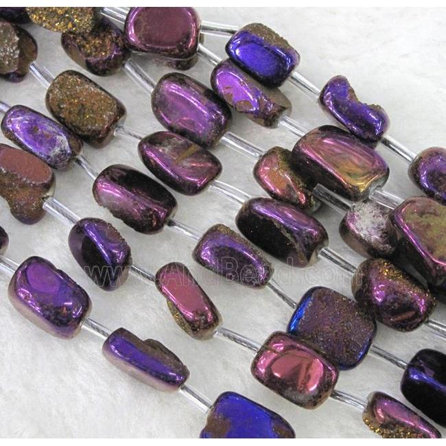 druzy quartz beads, freeform, purple electroplated