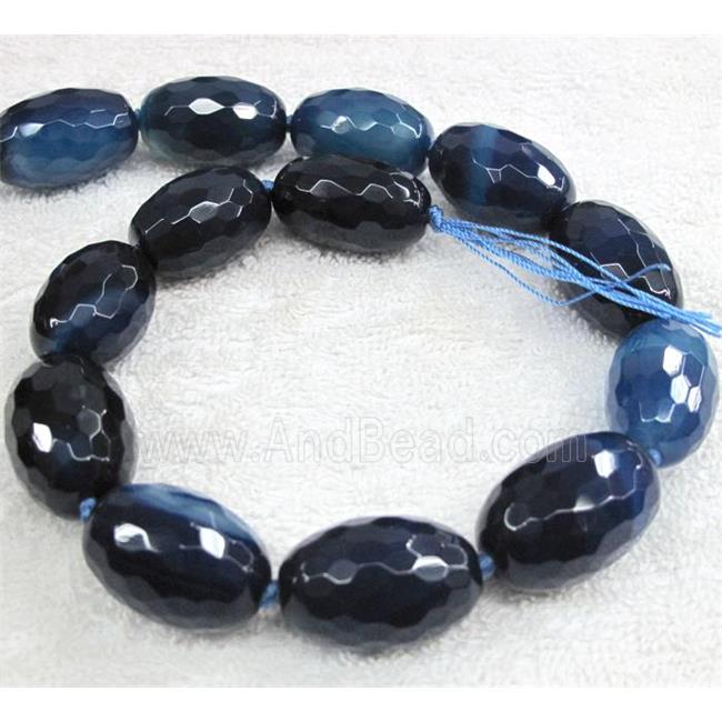 blue agate beads, faceted barrel