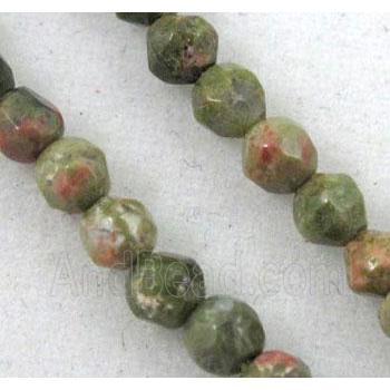 tiny unakite beads, green, faceted round
