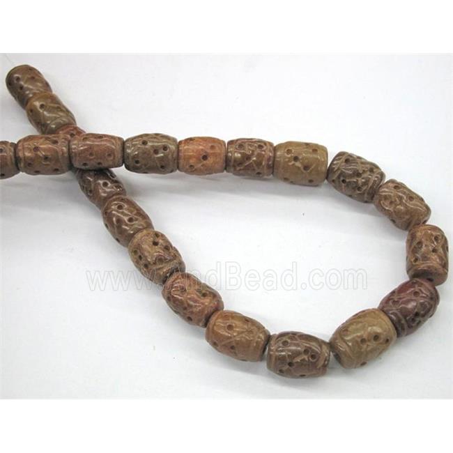 Chinese Jade Beads, barrel, brown, carved