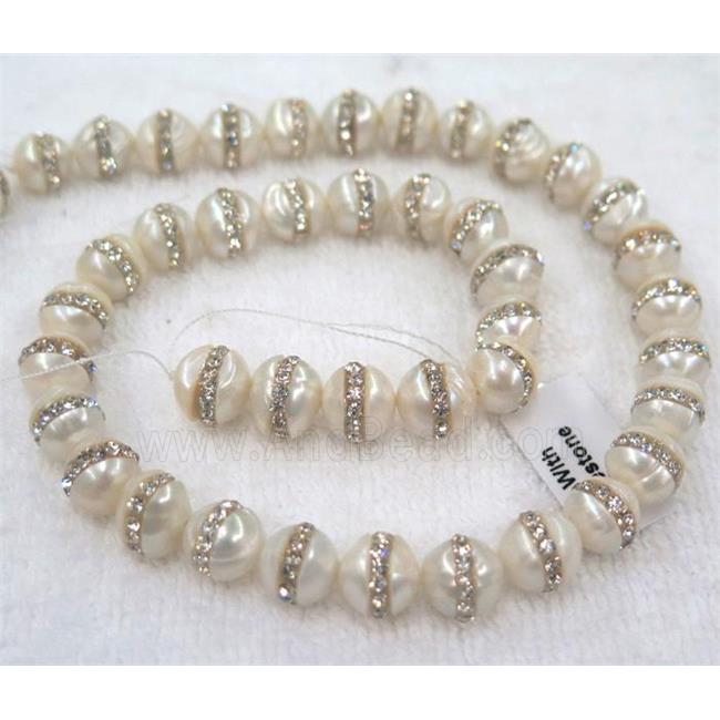 white pearl shell beads, paved rhinestone