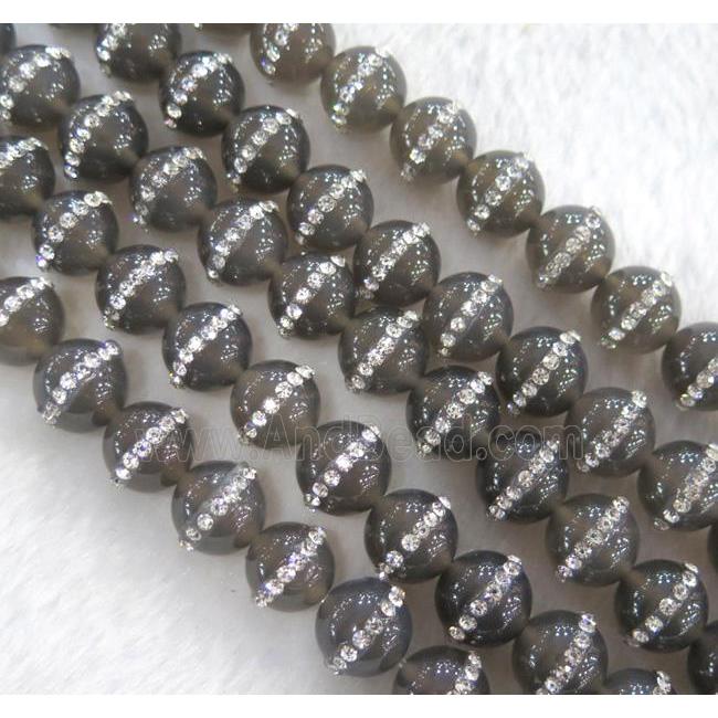 gray Agate bead, paved rhinestone, round
